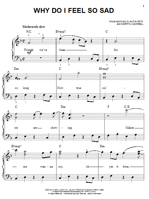 Preview Alicia Keys Why Do I Feel So Sad Pop sheet music, notes and chords for Easy Piano, SKU: 23300 sheet music, piano notes, chords, guitar tabs, score, transpose, transcribe, how to play, guide, download, learn, tutorial, progression, song, artist, awards, billboard, mtv, vh1, tour, single, album, release