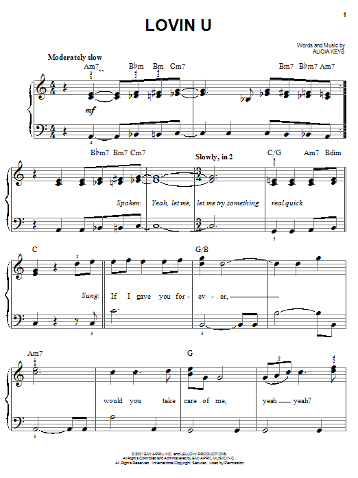 Preview Alicia Keys Lovin U Pop sheet music, notes and chords for Easy Piano, SKU: 23302 sheet music, piano notes, chords, guitar tabs, score, transpose, transcribe, how to play, guide, download, learn, tutorial, progression, song, artist, awards, billboard, mtv, vh1, tour, single, album, release