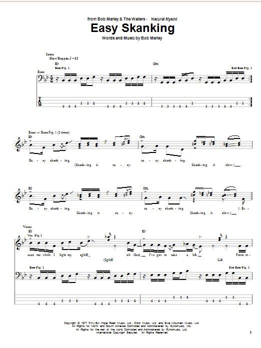 Preview Bob Marley Easy Skanking Reggae sheet music, notes and chords for Bass Guitar Tab, SKU: 23308 sheet music, piano notes, chords, guitar tabs, score, transpose, transcribe, how to play, guide, download, learn, tutorial, progression, song, artist, awards, billboard, mtv, vh1, tour, single, album, release