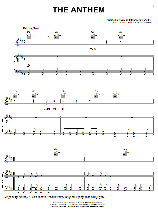 Preview Good Charlotte The Anthem Rock sheet music, notes and chords for Piano, Vocal & Guitar (Right-Hand Melody), SKU: 23322 sheet music, piano notes, chords, guitar tabs, score, transpose, transcribe, how to play, guide, download, learn, tutorial, progression, song, artist, awards, billboard, mtv, vh1, tour, single, album, release