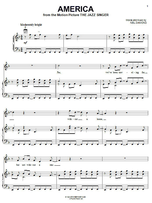 Preview Neil Diamond America Pop sheet music, notes and chords for Piano, Vocal & Guitar (Right-Hand Melody), SKU: 23323 sheet music, piano notes, chords, guitar tabs, score, transpose, transcribe, how to play, guide, download, learn, tutorial, progression, song, artist, awards, billboard, mtv, vh1, tour, single, album, release