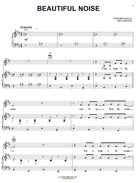 Preview Neil Diamond Beautiful Noise Pop sheet music, notes and chords for Piano, Vocal & Guitar (Right-Hand Melody), SKU: 23324 sheet music, piano notes, chords, guitar tabs, score, transpose, transcribe, how to play, guide, download, learn, tutorial, progression, song, artist, awards, billboard, mtv, vh1, tour, single, album, release