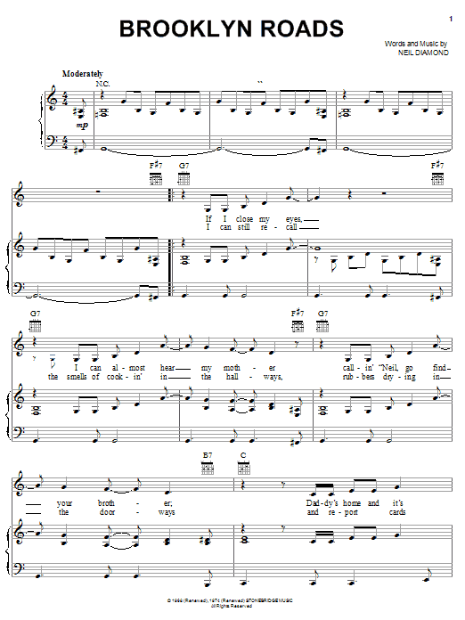 Preview Neil Diamond Brooklyn Roads Pop sheet music, notes and chords for Piano, Vocal & Guitar (Right-Hand Melody), SKU: 23325 sheet music, piano notes, chords, guitar tabs, score, transpose, transcribe, how to play, guide, download, learn, tutorial, progression, song, artist, awards, billboard, mtv, vh1, tour, single, album, release