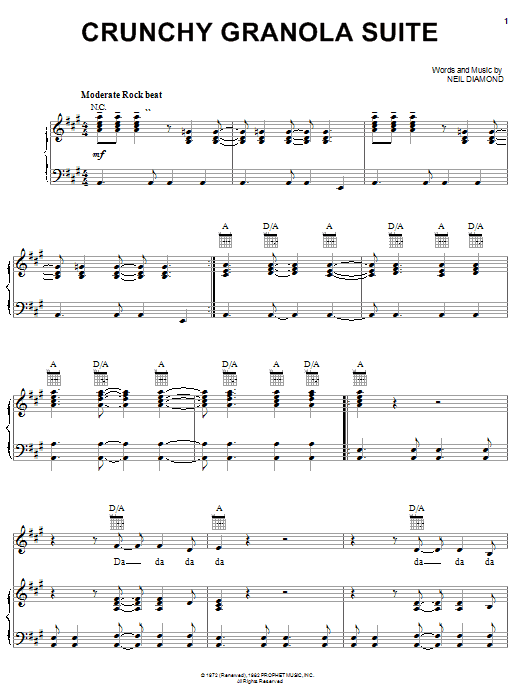 Preview Neil Diamond Crunchy Granola Suite Pop sheet music, notes and chords for Piano, Vocal & Guitar (Right-Hand Melody), SKU: 23329 sheet music, piano notes, chords, guitar tabs, score, transpose, transcribe, how to play, guide, download, learn, tutorial, progression, song, artist, awards, billboard, mtv, vh1, tour, single, album, release