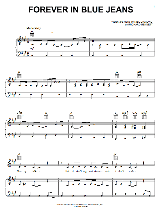 Preview Neil Diamond Forever In Blue Jeans Jazz sheet music, notes and chords for Piano, Vocal & Guitar (Right-Hand Melody), SKU: 23331 sheet music, piano notes, chords, guitar tabs, score, transpose, transcribe, how to play, guide, download, learn, tutorial, progression, song, artist, awards, billboard, mtv, vh1, tour, single, album, release