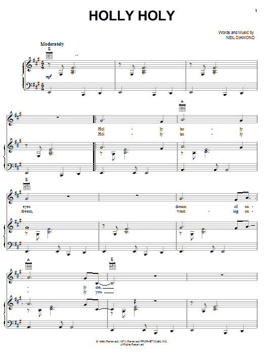 Preview Neil Diamond Holly Holy Jazz sheet music, notes and chords for Piano, Vocal & Guitar (Right-Hand Melody), SKU: 23336 sheet music, piano notes, chords, guitar tabs, score, transpose, transcribe, how to play, guide, download, learn, tutorial, progression, song, artist, awards, billboard, mtv, vh1, tour, single, album, release