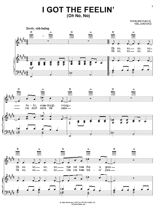 Preview Neil Diamond I Got The Feelin' (Oh No, No) Pop sheet music, notes and chords for Piano, Vocal & Guitar (Right-Hand Melody), SKU: 23338 sheet music, piano notes, chords, guitar tabs, score, transpose, transcribe, how to play, guide, download, learn, tutorial, progression, song, artist, awards, billboard, mtv, vh1, tour, single, album, release