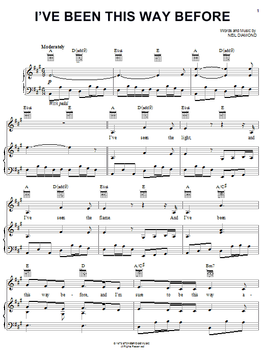 Preview Neil Diamond I've Been This Way Before Pop sheet music, notes and chords for Piano, Vocal & Guitar (Right-Hand Melody), SKU: 23339 sheet music, piano notes, chords, guitar tabs, score, transpose, transcribe, how to play, guide, download, learn, tutorial, progression, song, artist, awards, billboard, mtv, vh1, tour, single, album, release