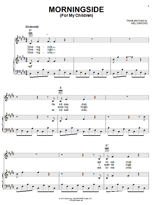 Preview Neil Diamond Morningside Pop sheet music, notes and chords for Piano, Vocal & Guitar (Right-Hand Melody), SKU: 23343 sheet music, piano notes, chords, guitar tabs, score, transpose, transcribe, how to play, guide, download, learn, tutorial, progression, song, artist, awards, billboard, mtv, vh1, tour, single, album, release