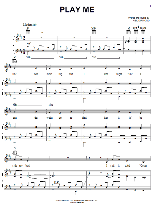 Preview Neil Diamond Play Me Pop sheet music, notes and chords for Piano, Vocal & Guitar (Right-Hand Melody), SKU: 23344 sheet music, piano notes, chords, guitar tabs, score, transpose, transcribe, how to play, guide, download, learn, tutorial, progression, song, artist, awards, billboard, mtv, vh1, tour, single, album, release