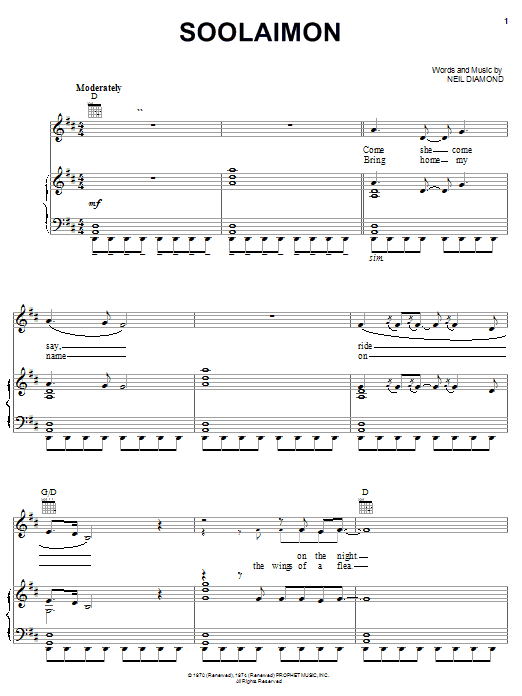 Preview Neil Diamond Soolaimon Pop sheet music, notes and chords for Piano, Vocal & Guitar (Right-Hand Melody), SKU: 23349 sheet music, piano notes, chords, guitar tabs, score, transpose, transcribe, how to play, guide, download, learn, tutorial, progression, song, artist, awards, billboard, mtv, vh1, tour, single, album, release