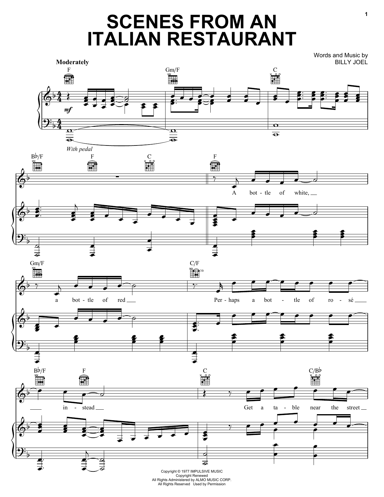 Preview Billy Joel Scenes From An Italian Restaurant Rock sheet music, notes and chords for Piano, Vocal & Guitar (Right-Hand Melody), SKU: 23367 sheet music, piano notes, chords, guitar tabs, score, transpose, transcribe, how to play, guide, download, learn, tutorial, progression, song, artist, awards, billboard, mtv, vh1, tour, single, album, release