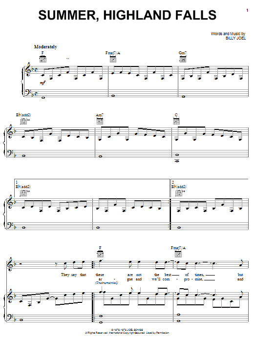Preview Billy Joel Summer, Highland Falls Rock sheet music, notes and chords for Piano, Vocal & Guitar (Right-Hand Melody), SKU: 23371 sheet music, piano notes, chords, guitar tabs, score, transpose, transcribe, how to play, guide, download, learn, tutorial, progression, song, artist, awards, billboard, mtv, vh1, tour, single, album, release