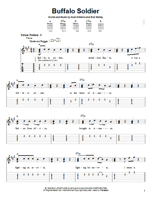 Preview Bob Marley Buffalo Soldier Reggae sheet music, notes and chords for Easy Guitar Tab, SKU: 23372 sheet music, piano notes, chords, guitar tabs, score, transpose, transcribe, how to play, guide, download, learn, tutorial, progression, song, artist, awards, billboard, mtv, vh1, tour, single, album, release