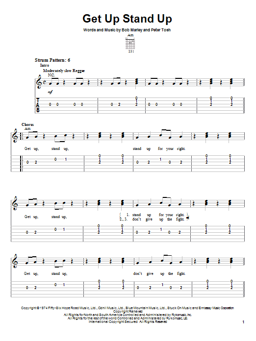 Preview Bob Marley Get Up Stand Up Reggae sheet music, notes and chords for Easy Guitar Tab, SKU: 23377 sheet music, piano notes, chords, guitar tabs, score, transpose, transcribe, how to play, guide, download, learn, tutorial, progression, song, artist, awards, billboard, mtv, vh1, tour, single, album, release