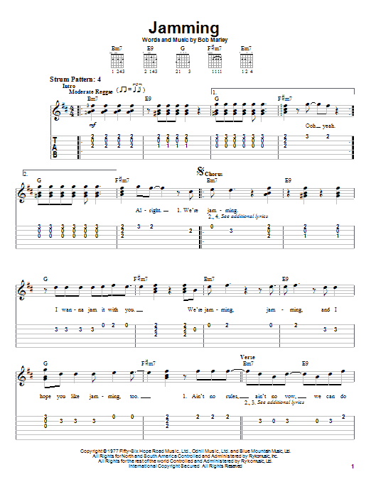 Preview Bob Marley Jamming Pop sheet music, notes and chords for Easy Guitar Tab, SKU: 23381 sheet music, piano notes, chords, guitar tabs, score, transpose, transcribe, how to play, guide, download, learn, tutorial, progression, song, artist, awards, billboard, mtv, vh1, tour, single, album, release