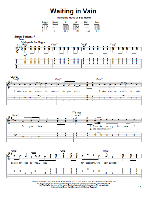 Preview Bob Marley Waiting In Vain Pop sheet music, notes and chords for Easy Guitar Tab, SKU: 23390 sheet music, piano notes, chords, guitar tabs, score, transpose, transcribe, how to play, guide, download, learn, tutorial, progression, song, artist, awards, billboard, mtv, vh1, tour, single, album, release