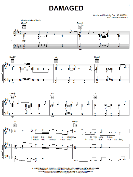 Preview TLC Damaged Pop sheet music, notes and chords for Piano, Vocal & Guitar (Right-Hand Melody), SKU: 23405 sheet music, piano notes, chords, guitar tabs, score, transpose, transcribe, how to play, guide, download, learn, tutorial, progression, song, artist, awards, billboard, mtv, vh1, tour, single, album, release