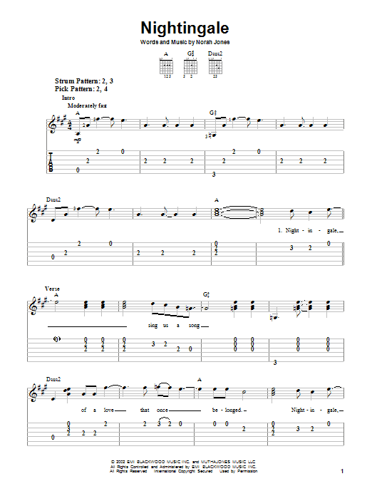 Preview Norah Jones Nightingale Pop sheet music, notes and chords for Easy Guitar Tab, SKU: 23417 sheet music, piano notes, chords, guitar tabs, score, transpose, transcribe, how to play, guide, download, learn, tutorial, progression, song, artist, awards, billboard, mtv, vh1, tour, single, album, release