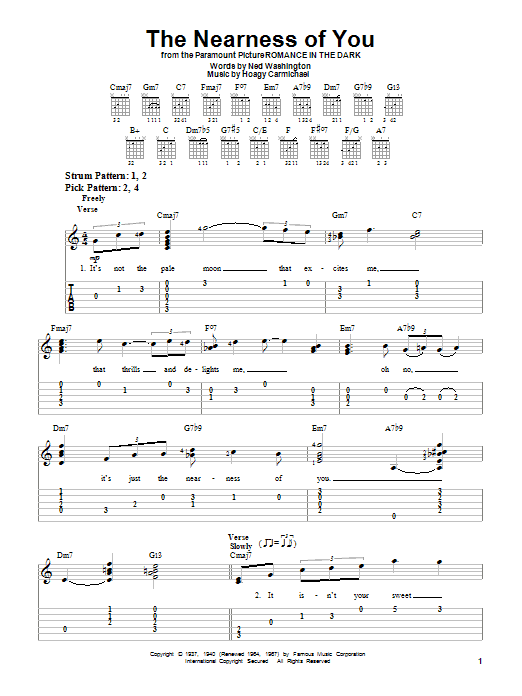 Preview Norah Jones The Nearness Of You Folk sheet music, notes and chords for Easy Guitar Tab, SKU: 23419 sheet music, piano notes, chords, guitar tabs, score, transpose, transcribe, how to play, guide, download, learn, tutorial, progression, song, artist, awards, billboard, mtv, vh1, tour, single, album, release