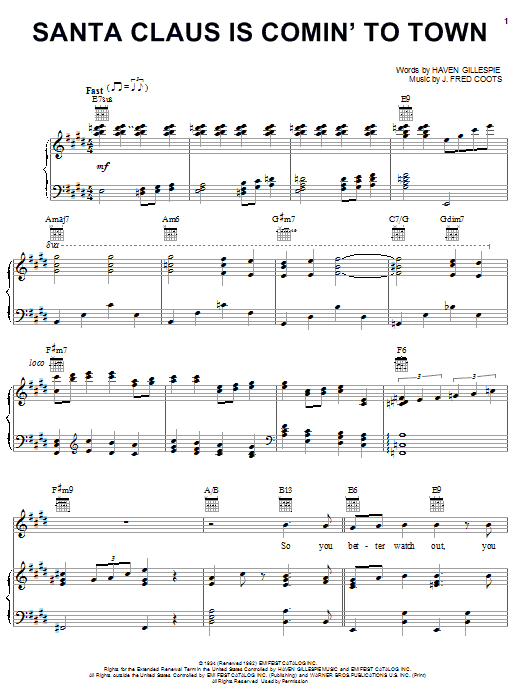 Preview Carpenters Santa Claus Is Comin' To Town Pop sheet music, notes and chords for Piano, Vocal & Guitar (Right-Hand Melody), SKU: 23440 sheet music, piano notes, chords, guitar tabs, score, transpose, transcribe, how to play, guide, download, learn, tutorial, progression, song, artist, awards, billboard, mtv, vh1, tour, single, album, release