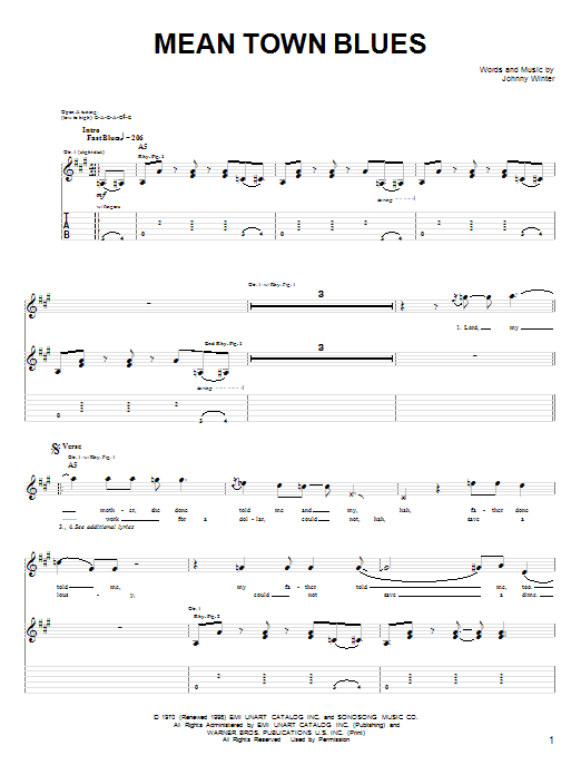 Preview Johnny Winter Mean Town Blues Pop sheet music, notes and chords for Guitar Tab, SKU: 23447 sheet music, piano notes, chords, guitar tabs, score, transpose, transcribe, how to play, guide, download, learn, tutorial, progression, song, artist, awards, billboard, mtv, vh1, tour, single, album, release