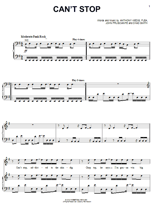 Preview Red Hot Chili Peppers Can't Stop Pop sheet music, notes and chords for Piano, Vocal & Guitar (Right-Hand Melody), SKU: 23452 sheet music, piano notes, chords, guitar tabs, score, transpose, transcribe, how to play, guide, download, learn, tutorial, progression, song, artist, awards, billboard, mtv, vh1, tour, single, album, release
