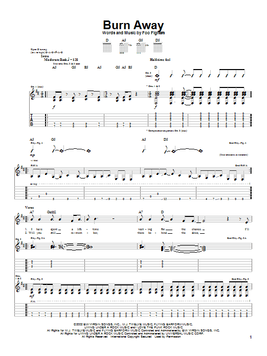 Preview Foo Fighters Burn Away Rock sheet music, notes and chords for Guitar Tab, SKU: 23453 sheet music, piano notes, chords, guitar tabs, score, transpose, transcribe, how to play, guide, download, learn, tutorial, progression, song, artist, awards, billboard, mtv, vh1, tour, single, album, release