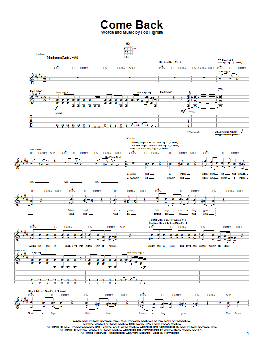 Preview Foo Fighters Come Back Rock sheet music, notes and chords for Guitar Tab, SKU: 23454 sheet music, piano notes, chords, guitar tabs, score, transpose, transcribe, how to play, guide, download, learn, tutorial, progression, song, artist, awards, billboard, mtv, vh1, tour, single, album, release