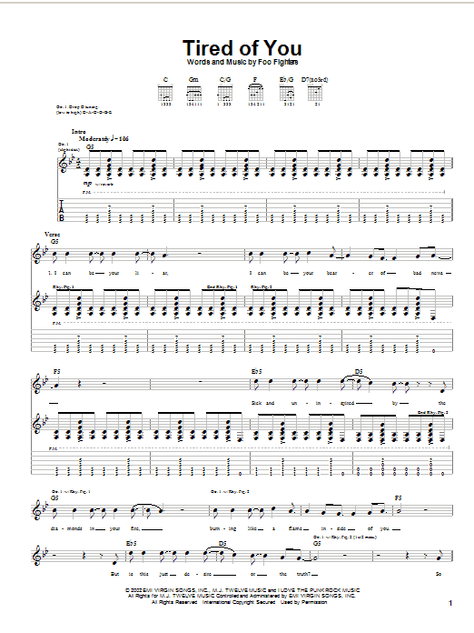 Preview Foo Fighters Tired Of You Rock sheet music, notes and chords for Guitar Tab, SKU: 23456 sheet music, piano notes, chords, guitar tabs, score, transpose, transcribe, how to play, guide, download, learn, tutorial, progression, song, artist, awards, billboard, mtv, vh1, tour, single, album, release