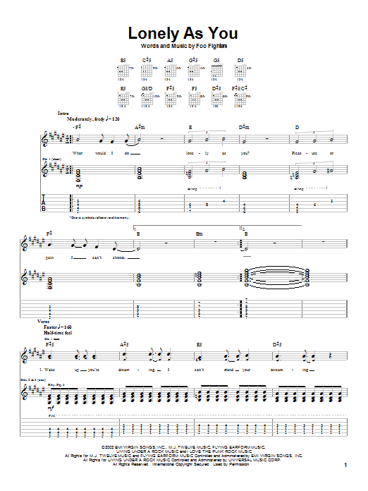 Preview Foo Fighters Lonely As You Rock sheet music, notes and chords for Guitar Tab, SKU: 23460 sheet music, piano notes, chords, guitar tabs, score, transpose, transcribe, how to play, guide, download, learn, tutorial, progression, song, artist, awards, billboard, mtv, vh1, tour, single, album, release