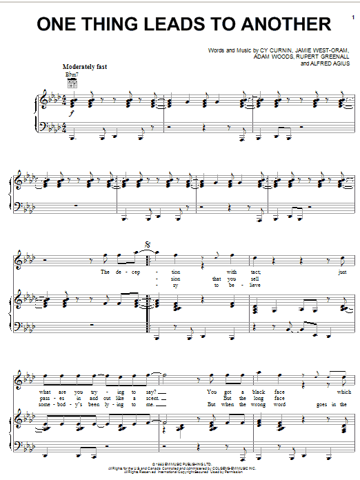 Preview The Fixx One Thing Leads To Another Rock sheet music, notes and chords for Piano, Vocal & Guitar (Right-Hand Melody), SKU: 23469 sheet music, piano notes, chords, guitar tabs, score, transpose, transcribe, how to play, guide, download, learn, tutorial, progression, song, artist, awards, billboard, mtv, vh1, tour, single, album, release