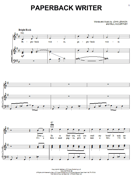 Preview The Beatles Paperback Writer Rock sheet music, notes and chords for Piano, Vocal & Guitar (Right-Hand Melody), SKU: 23483 sheet music, piano notes, chords, guitar tabs, score, transpose, transcribe, how to play, guide, download, learn, tutorial, progression, song, artist, awards, billboard, mtv, vh1, tour, single, album, release
