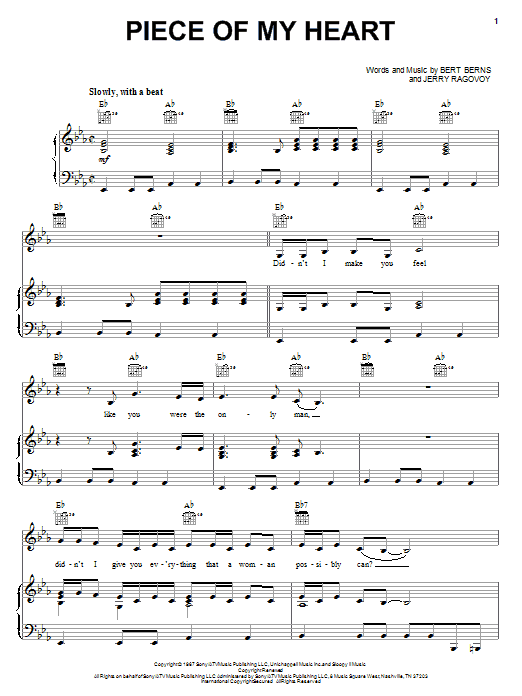 Preview Janis Joplin Piece Of My Heart Pop sheet music, notes and chords for Piano, Vocal & Guitar (Right-Hand Melody), SKU: 23484 sheet music, piano notes, chords, guitar tabs, score, transpose, transcribe, how to play, guide, download, learn, tutorial, progression, song, artist, awards, billboard, mtv, vh1, tour, single, album, release