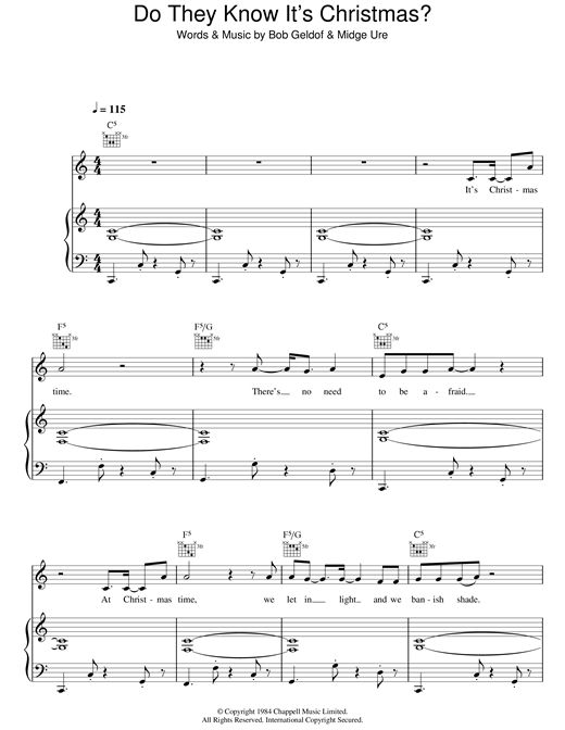 Preview Band Aid Do They Know It's Christmas? Pop sheet music, notes and chords for Piano, Vocal & Guitar, SKU: 23509 sheet music, piano notes, chords, guitar tabs, score, transpose, transcribe, how to play, guide, download, learn, tutorial, progression, song, artist, awards, billboard, mtv, vh1, tour, single, album, release