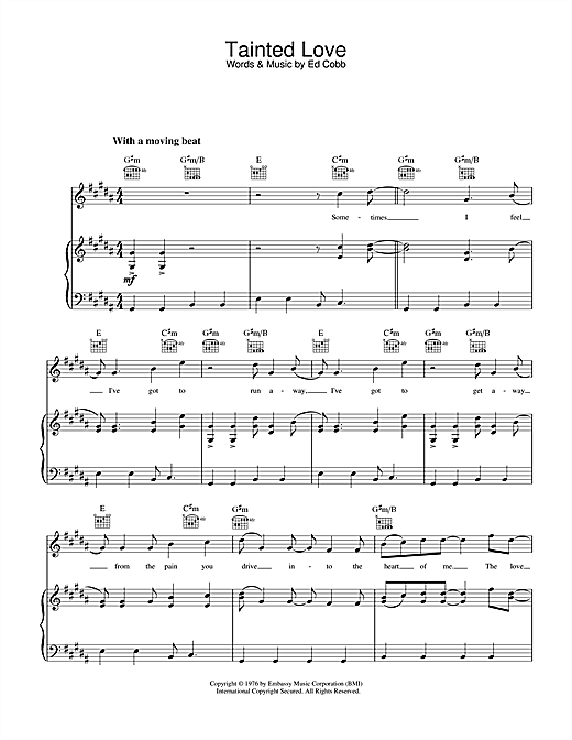 Preview Marc Almond & Soft Cell Tainted Love Pop sheet music, notes and chords for Piano, Vocal & Guitar (Right-Hand Melody), SKU: 23512 sheet music, piano notes, chords, guitar tabs, score, transpose, transcribe, how to play, guide, download, learn, tutorial, progression, song, artist, awards, billboard, mtv, vh1, tour, single, album, release