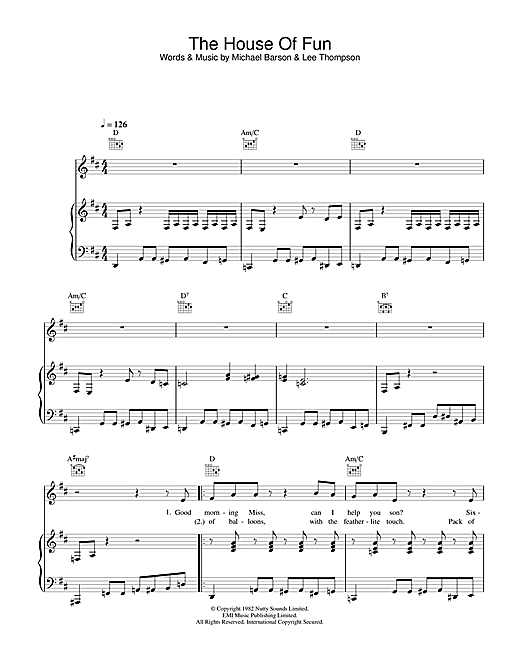 Preview Madness The House Of Fun Pop sheet music, notes and chords for Piano, Vocal & Guitar, SKU: 23515 sheet music, piano notes, chords, guitar tabs, score, transpose, transcribe, how to play, guide, download, learn, tutorial, progression, song, artist, awards, billboard, mtv, vh1, tour, single, album, release