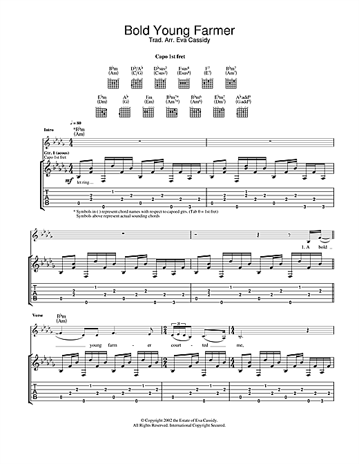 Preview Eva Cassidy Bold Young Farmer Pop sheet music, notes and chords for Guitar Tab, SKU: 23526 sheet music, piano notes, chords, guitar tabs, score, transpose, transcribe, how to play, guide, download, learn, tutorial, progression, song, artist, awards, billboard, mtv, vh1, tour, single, album, release