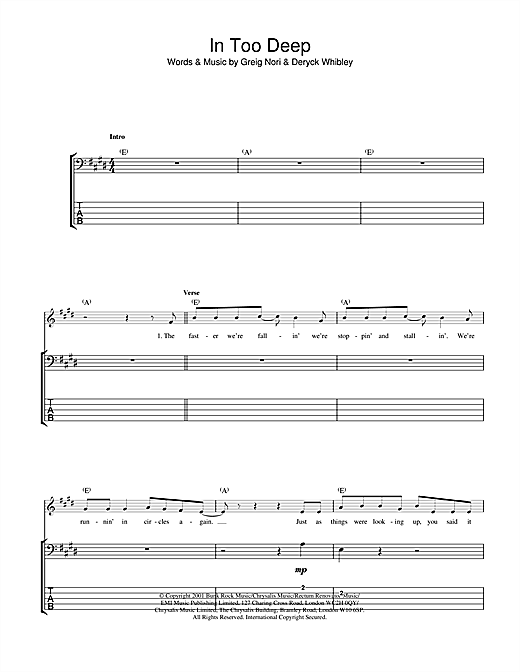 Preview Sum 41 In Too Deep Metal sheet music, notes and chords for Bass Guitar Tab, SKU: 23531 sheet music, piano notes, chords, guitar tabs, score, transpose, transcribe, how to play, guide, download, learn, tutorial, progression, song, artist, awards, billboard, mtv, vh1, tour, single, album, release