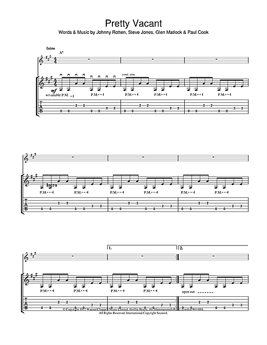 Preview Sex Pistols Pretty Vacant Punk sheet music, notes and chords for Guitar Tab, SKU: 23544 sheet music, piano notes, chords, guitar tabs, score, transpose, transcribe, how to play, guide, download, learn, tutorial, progression, song, artist, awards, billboard, mtv, vh1, tour, single, album, release