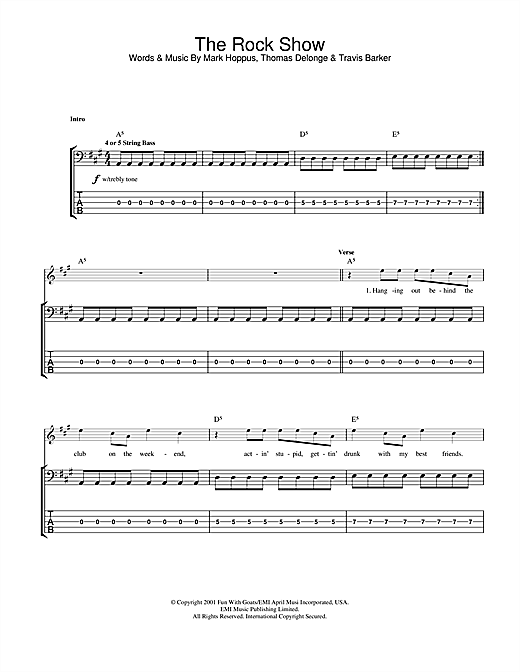 Preview Blink-182 The Rock Show Pop sheet music, notes and chords for Bass Guitar Tab, SKU: 23545 sheet music, piano notes, chords, guitar tabs, score, transpose, transcribe, how to play, guide, download, learn, tutorial, progression, song, artist, awards, billboard, mtv, vh1, tour, single, album, release