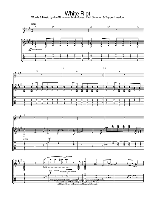Preview The Clash White Riot Pop sheet music, notes and chords for Guitar Tab, SKU: 23553 sheet music, piano notes, chords, guitar tabs, score, transpose, transcribe, how to play, guide, download, learn, tutorial, progression, song, artist, awards, billboard, mtv, vh1, tour, single, album, release