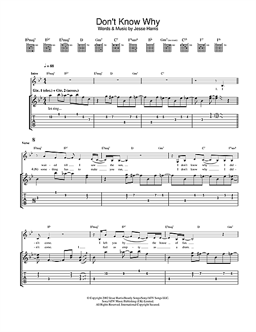 Preview Norah Jones Don't Know Why Pop sheet music, notes and chords for Guitar Tab, SKU: 23560 sheet music, piano notes, chords, guitar tabs, score, transpose, transcribe, how to play, guide, download, learn, tutorial, progression, song, artist, awards, billboard, mtv, vh1, tour, single, album, release