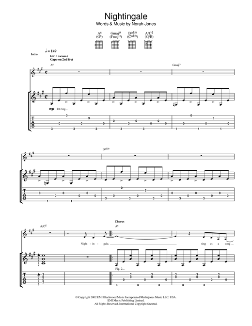 Preview Norah Jones Nightingale Pop sheet music, notes and chords for Guitar Tab, SKU: 23564 sheet music, piano notes, chords, guitar tabs, score, transpose, transcribe, how to play, guide, download, learn, tutorial, progression, song, artist, awards, billboard, mtv, vh1, tour, single, album, release