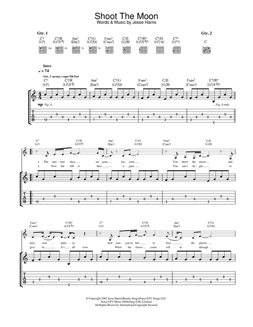 Preview Norah Jones Shoot The Moon Pop sheet music, notes and chords for Guitar Tab, SKU: 23568 sheet music, piano notes, chords, guitar tabs, score, transpose, transcribe, how to play, guide, download, learn, tutorial, progression, song, artist, awards, billboard, mtv, vh1, tour, single, album, release