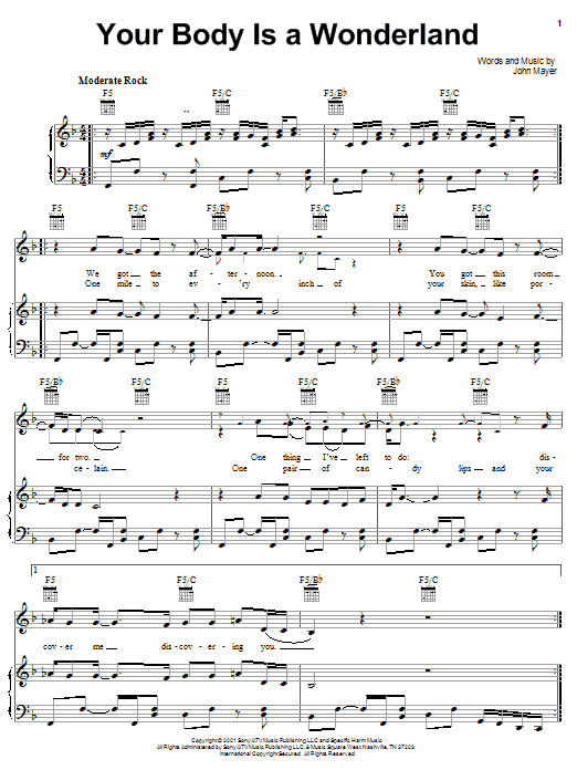 Preview John Mayer Your Body Is A Wonderland Pop sheet music, notes and chords for Piano, Vocal & Guitar (Right-Hand Melody), SKU: 23572 sheet music, piano notes, chords, guitar tabs, score, transpose, transcribe, how to play, guide, download, learn, tutorial, progression, song, artist, awards, billboard, mtv, vh1, tour, single, album, release