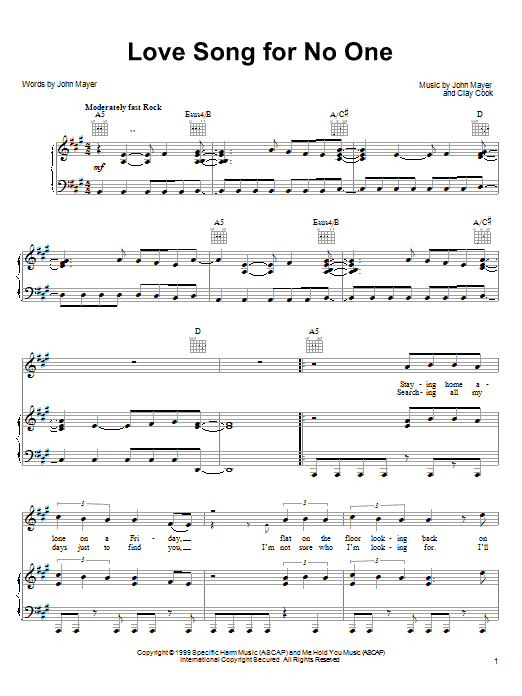 Preview John Mayer Love Song For No One Pop sheet music, notes and chords for Piano, Vocal & Guitar (Right-Hand Melody), SKU: 23574 sheet music, piano notes, chords, guitar tabs, score, transpose, transcribe, how to play, guide, download, learn, tutorial, progression, song, artist, awards, billboard, mtv, vh1, tour, single, album, release