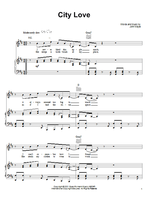 Preview John Mayer City Love Pop sheet music, notes and chords for Piano, Vocal & Guitar (Right-Hand Melody), SKU: 23577 sheet music, piano notes, chords, guitar tabs, score, transpose, transcribe, how to play, guide, download, learn, tutorial, progression, song, artist, awards, billboard, mtv, vh1, tour, single, album, release