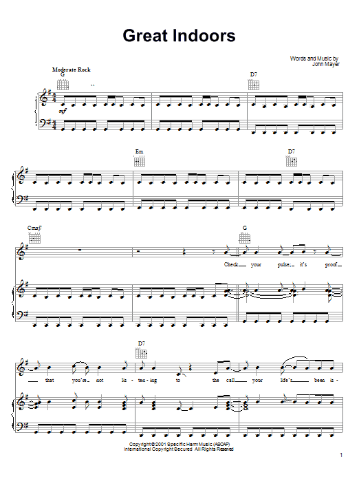 Preview John Mayer Great Indoors Pop sheet music, notes and chords for Piano, Vocal & Guitar (Right-Hand Melody), SKU: 23578 sheet music, piano notes, chords, guitar tabs, score, transpose, transcribe, how to play, guide, download, learn, tutorial, progression, song, artist, awards, billboard, mtv, vh1, tour, single, album, release