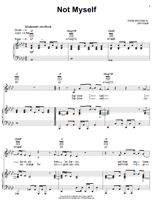 Preview John Mayer Not Myself Pop sheet music, notes and chords for Piano, Vocal & Guitar (Right-Hand Melody), SKU: 23579 sheet music, piano notes, chords, guitar tabs, score, transpose, transcribe, how to play, guide, download, learn, tutorial, progression, song, artist, awards, billboard, mtv, vh1, tour, single, album, release